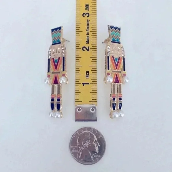 Large Gold Multicolor Colorful Nutcracker Stud Earrings NWT - Picture 4 of 4